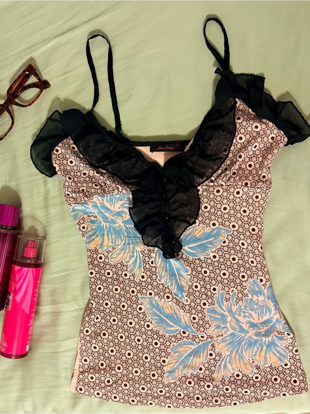 Yk2 Vintage Pink Floral Camisole with Black Ruffle Trim